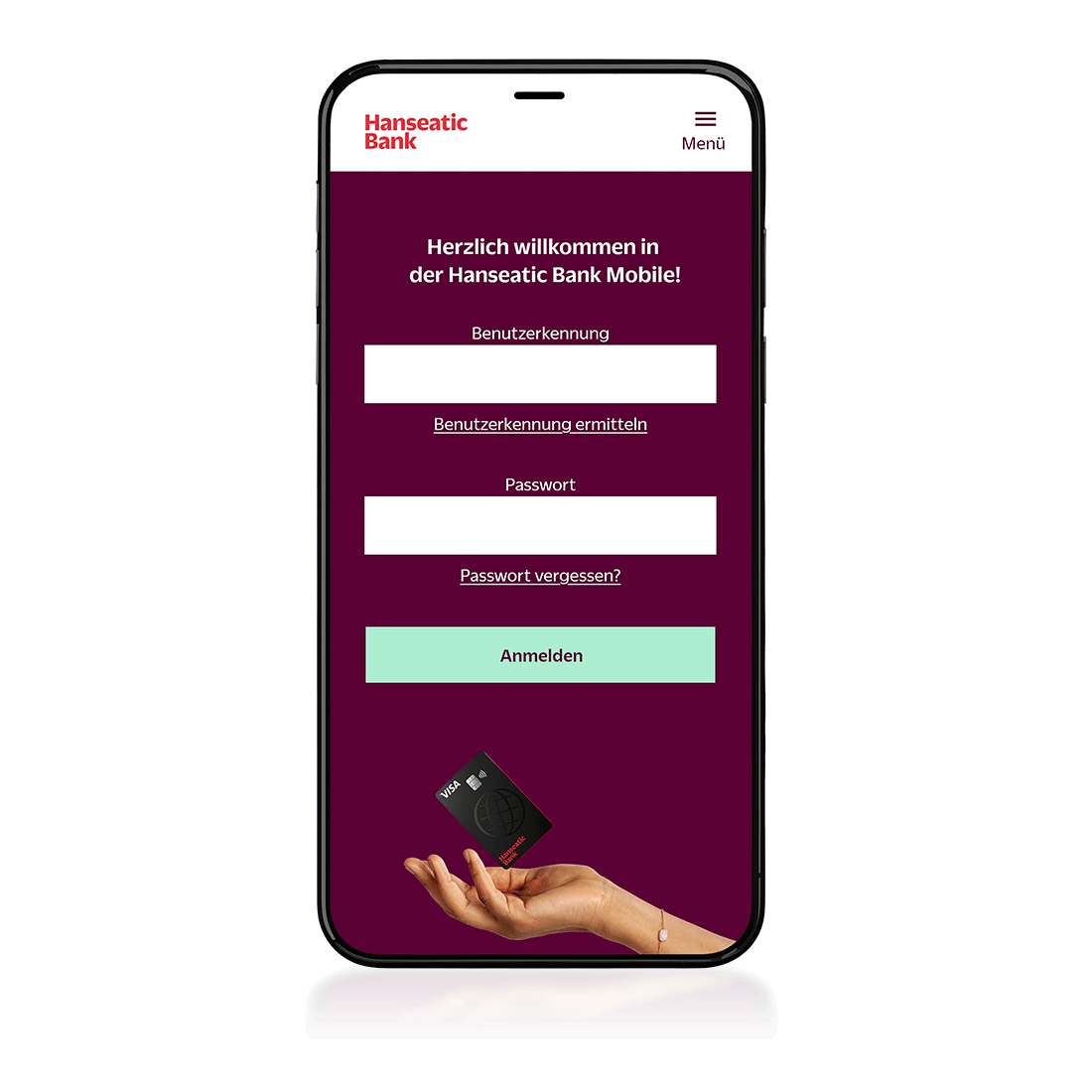 Die App Hanseatic Bank Mobile ist die App zu deiner Kreditkarte mit vielen praktischen Funktionen rund um dein Digitales Banking - Hier sieht man einen Screenshot des Logins der App